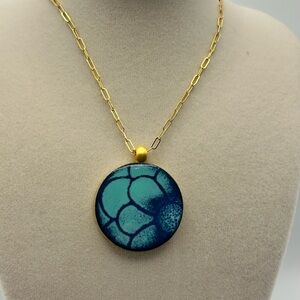 LeighElena Blue Magnetic Pendant Necklace Handmade Ceramic Artisan 18" Gold-tone